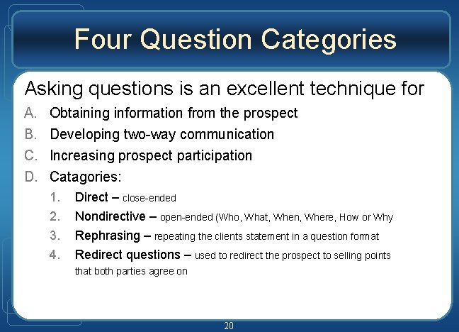 Four Question Categories Asking questions is an excellent technique for A. B. C. D.