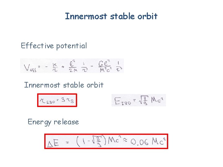 Innermost stable orbit Effective potential Innermost stable orbit Energy release 