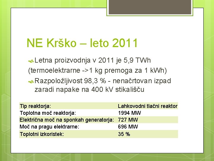 NE Krško – leto 2011 Letna proizvodnja v 2011 je 5, 9 TWh (termoelektrarne