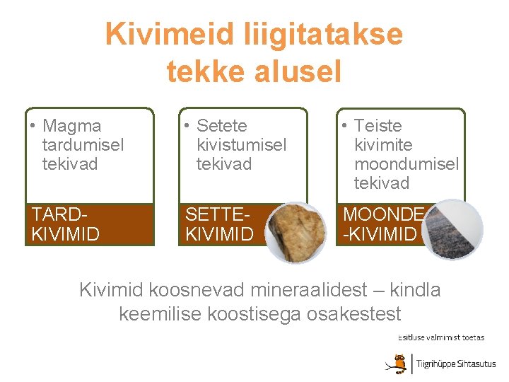 Kivimeid liigitatakse tekke alusel • Magma tardumisel tekivad • Setete kivistumisel tekivad • Teiste Kivimeid liigitatakse tekke alusel • Magma tardumisel tekivad • Setete kivistumisel tekivad • Teiste
