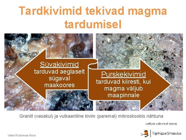 Tardkivimid tekivad magma tardumisel Süvakivimid tarduvad aeglaselt sügaval maakoores Purskekivimid tarduvad kiiresti, kui magma Tardkivimid tekivad magma tardumisel Süvakivimid tarduvad aeglaselt sügaval maakoores Purskekivimid tarduvad kiiresti, kui magma
