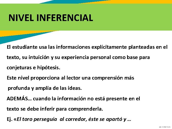 NIVEL INFERENCIAL El estudiante usa las informaciones explícitamente planteadas en el texto, su intuición NIVEL INFERENCIAL El estudiante usa las informaciones explícitamente planteadas en el texto, su intuición