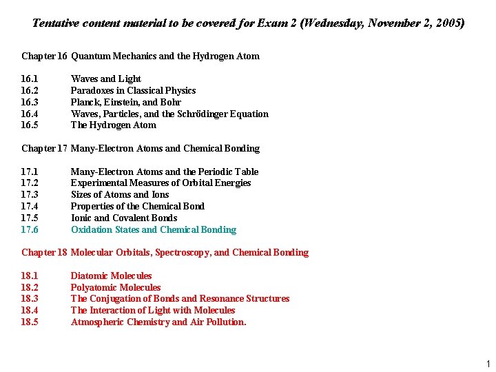 Tentative content material to be covered for Exam 2 (Wednesday, November 2, 2005) Chapter