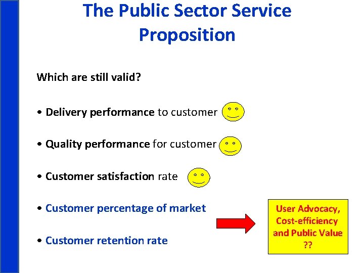 The Public Sector Service Proposition Which are still valid? • Delivery performance to customer