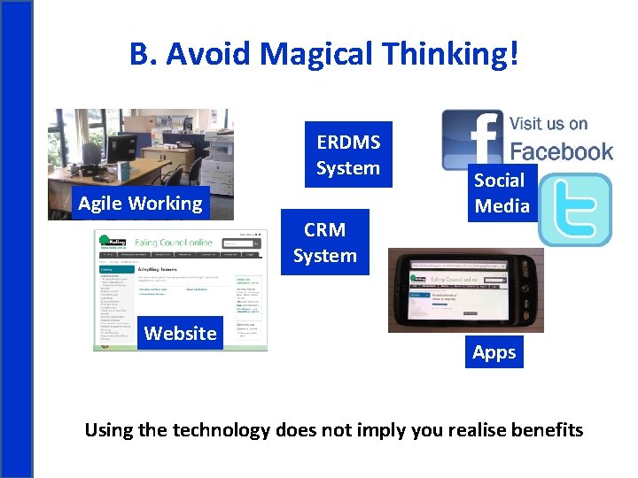 B. Avoid Magical Thinking! ERDMS System Agile Working CRM System Website Social Media Apps