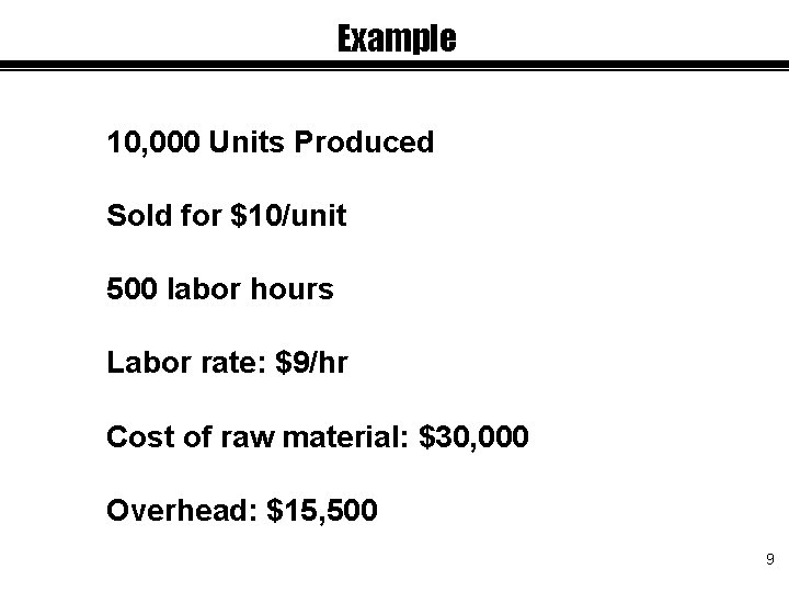 Example 10, 000 Units Produced Sold for $10/unit 500 labor hours Labor rate: $9/hr