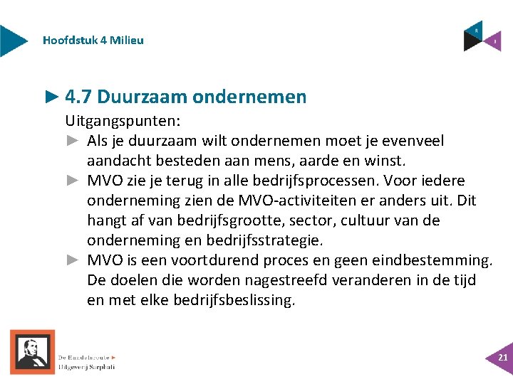 Hoofdstuk 4 Milieu ► 4. 7 Duurzaam ondernemen Uitgangspunten: ► Als je duurzaam wilt