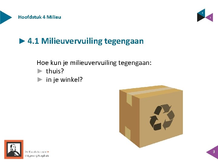 Hoofdstuk 4 Milieu ► 4. 1 Milieuvervuiling tegengaan Hoe kun je milieuvervuiling tegengaan: ►