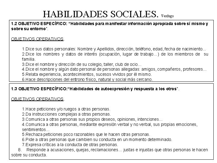 HABILIDADES SOCIALES. Verdugo 1. 2 OBJETIVO ESPECÍFICO: “Habilidades para manifestar información apropiada sobre sí HABILIDADES SOCIALES. Verdugo 1. 2 OBJETIVO ESPECÍFICO: “Habilidades para manifestar información apropiada sobre sí