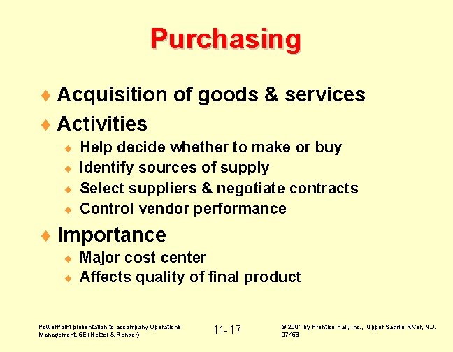 Purchasing ¨ Acquisition of goods & services ¨ Activities Help decide whether to make