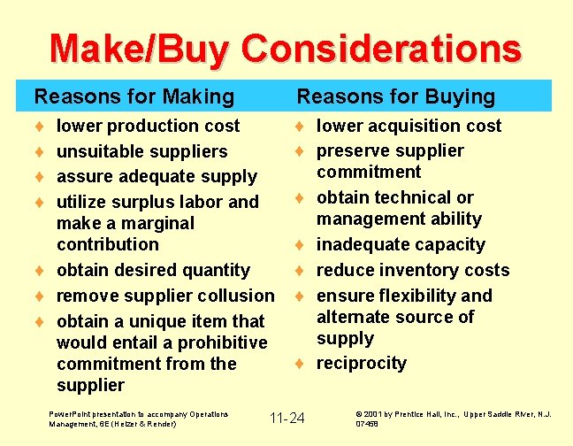 Make/Buy Considerations Reasons for Making Reasons for Buying ¨ ¨ ¨ lower acquisition cost