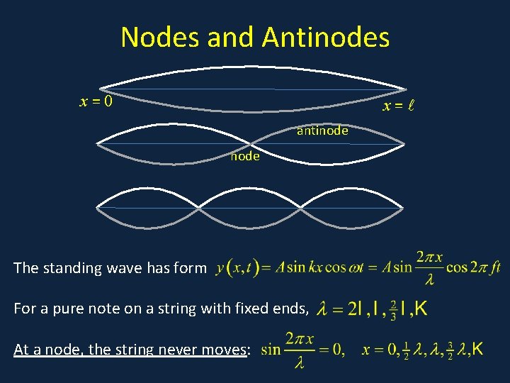 Nodes and Antinodes x=0 x= antinode The standing wave has form For a pure