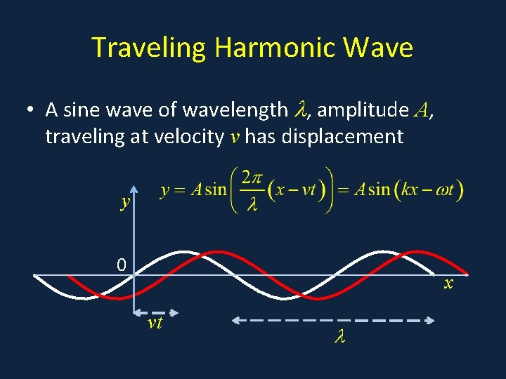 Traveling Harmonic Wave • A sine wave of wavelength , amplitude A, traveling at