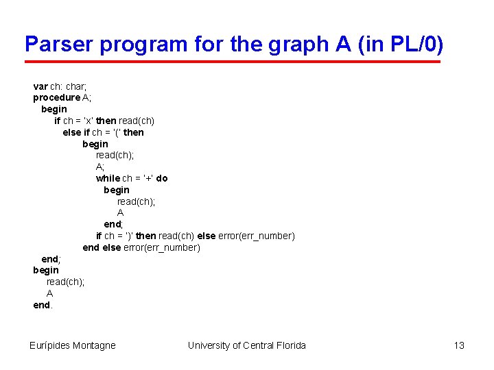 Parser program for the graph A (in PL/0) var ch: char; procedure A; begin