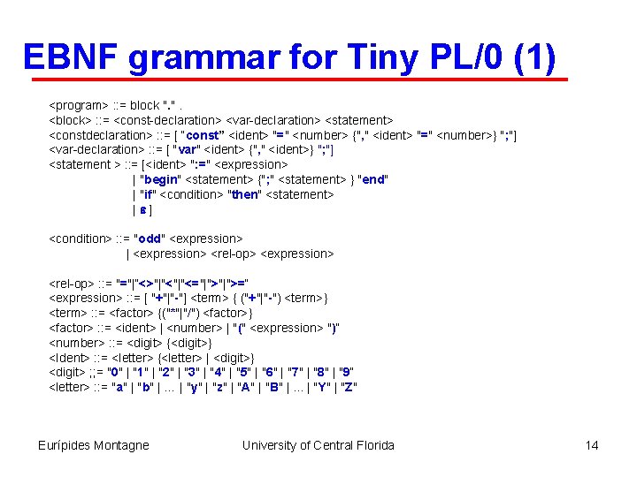 EBNF grammar for Tiny PL/0 (1) <program> : : = block ". ". <block>