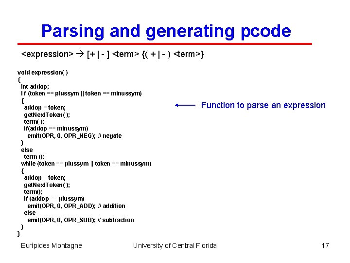Parsing and generating pcode <expression> [+ | - ] <term> {( + | -