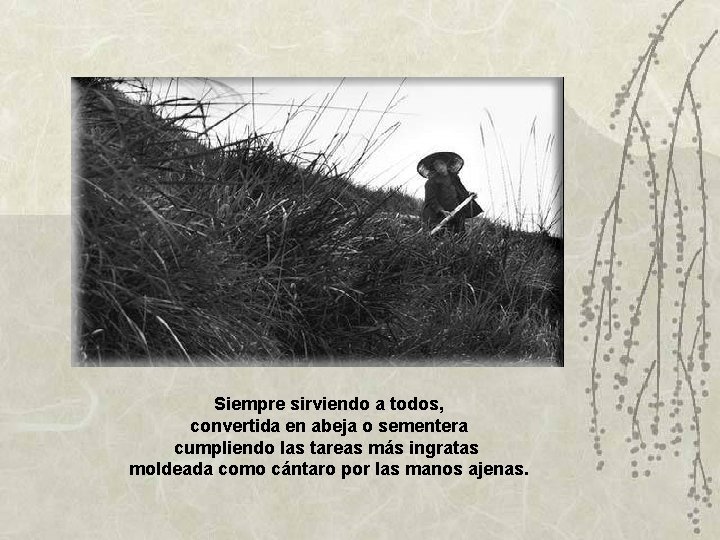 Siempre sirviendo a todos, convertida en abeja o sementera cumpliendo las tareas más ingratas Siempre sirviendo a todos, convertida en abeja o sementera cumpliendo las tareas más ingratas