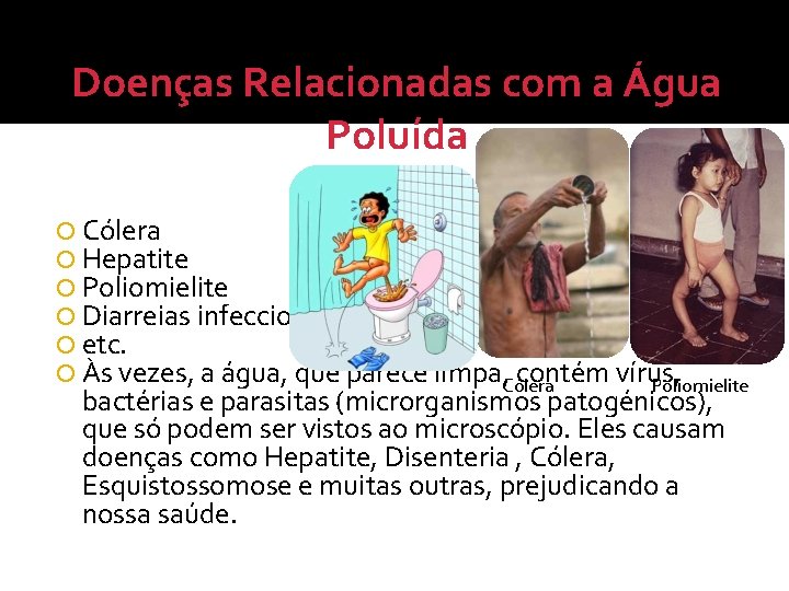 Doenças Relacionadas com a Água Poluída Cólera Hepatite Poliomielite Diarreias infecciosas etc. Às vezes, Doenças Relacionadas com a Água Poluída Cólera Hepatite Poliomielite Diarreias infecciosas etc. Às vezes,