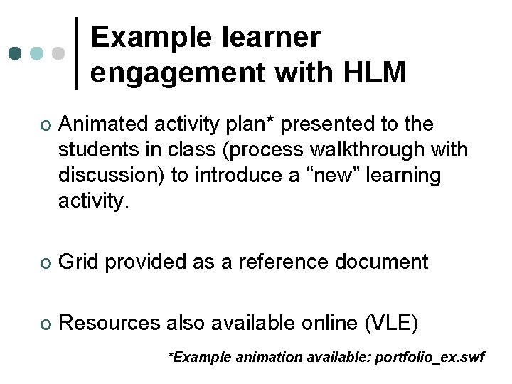 Example learner engagement with HLM ¢ Animated activity plan* presented to the students in