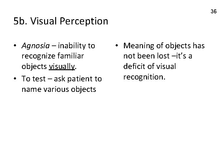 36 5 b. Visual Perception • Agnosia – inability to recognize familiar objects visually.