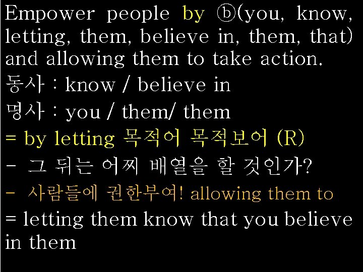 Empower people by ⓑ(you, know, letting, them, believe in, them, that) and allowing them