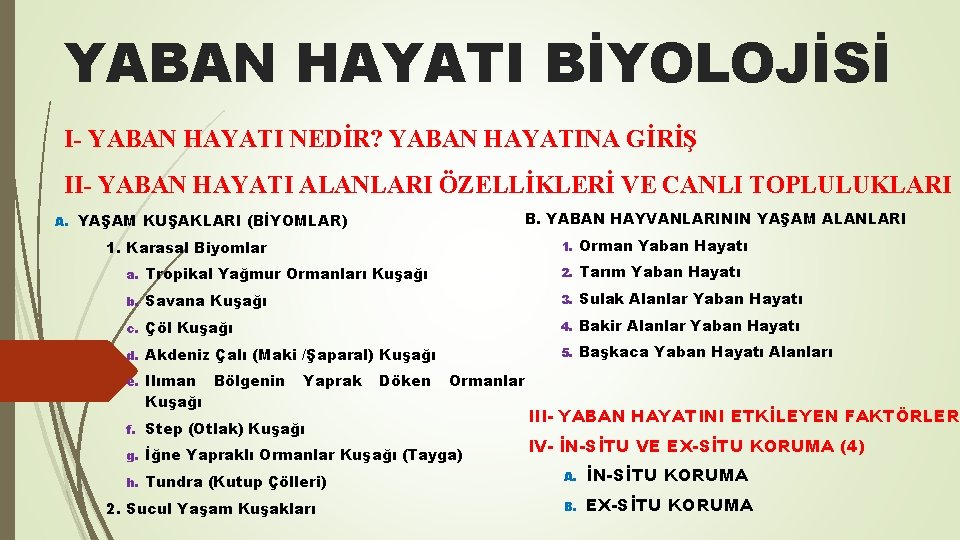 YABAN HAYATI BİYOLOJİSİ I- YABAN HAYATI NEDİR? YABAN HAYATINA GİRİŞ II- YABAN HAYATI ALANLARI