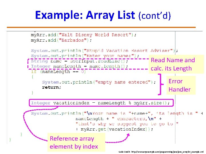 Example: Array List (cont’d) Read Name and calc. its Length Error Handler Reference array