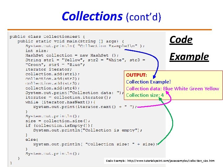 Collections (cont’d) Code Example OUTPUT: Collection Example! Collection data: Blue White Green Yellow Collection