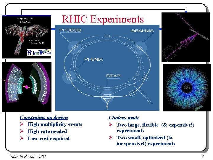 RHIC Experiments Constraints on design Ø High multiplicity events Ø High rate needed Ø