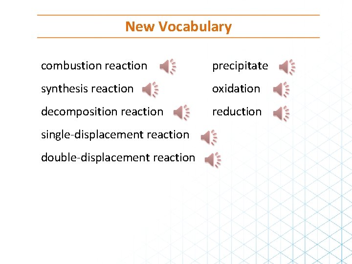 New Vocabulary combustion reaction precipitate synthesis reaction oxidation decomposition reaction reduction single-displacement reaction double-displacement