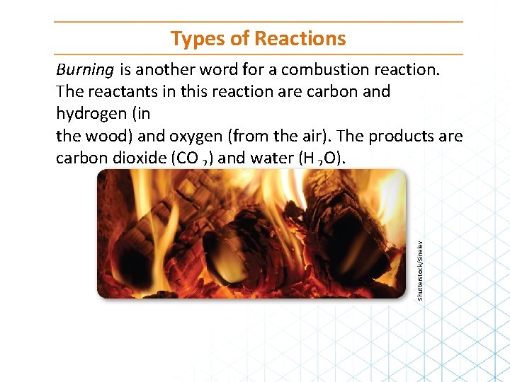 Types of Reactions Shutterstock/Sinelev Burning is another word for a combustion reaction. The reactants
