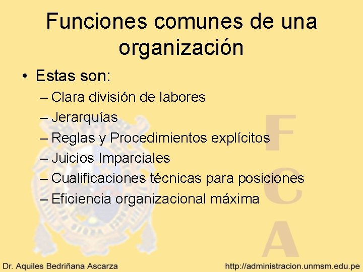 Funciones comunes de una organización • Estas son: – Clara división de labores –