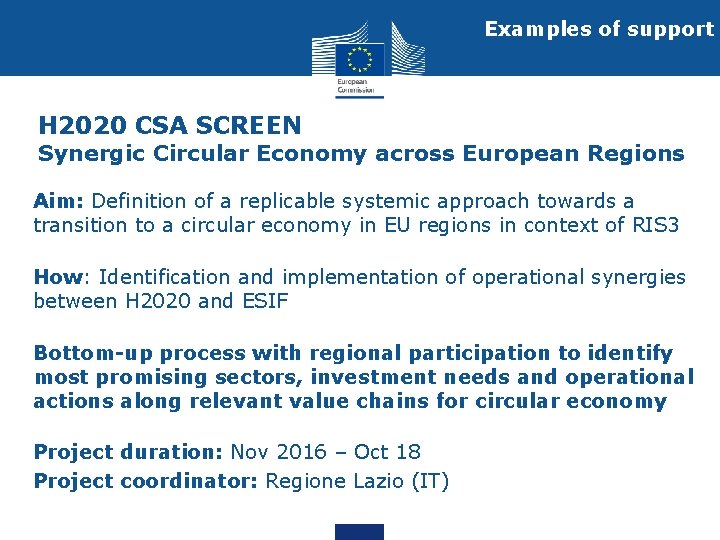Examples of support H 2020 CSA SCREEN Synergic Circular Economy across European Regions Aim: