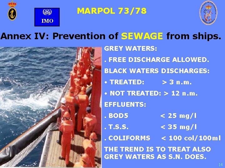 MARPOL 73/78 IMO Annex IV: Prevention of SEWAGE from ships. GREY WATERS: . FREE