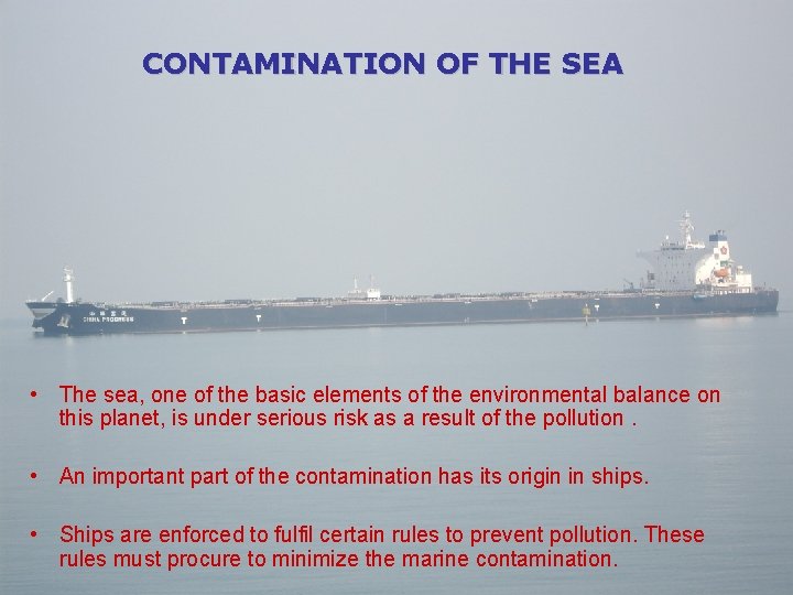 CONTAMINATION OF THE SEA • The sea, one of the basic elements of the