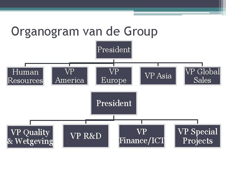 Organogram van de Group President Human Resources VP America VP Europe VP Asia VP