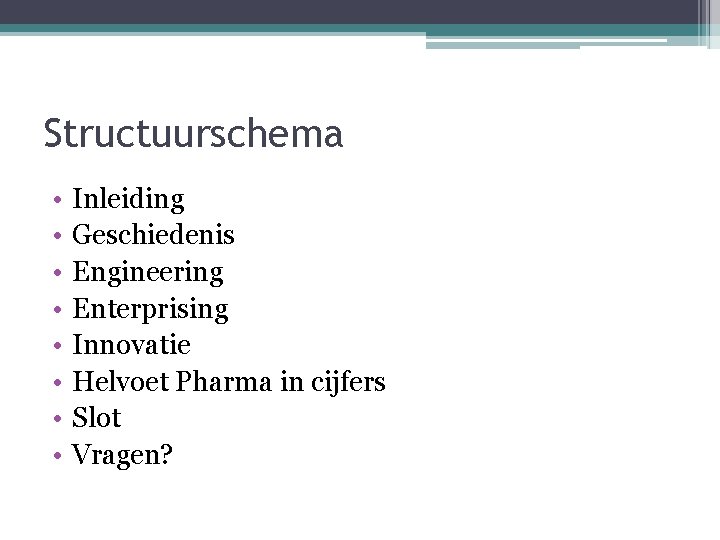 Structuurschema • • Inleiding Geschiedenis Engineering Enterprising Innovatie Helvoet Pharma in cijfers Slot Vragen?