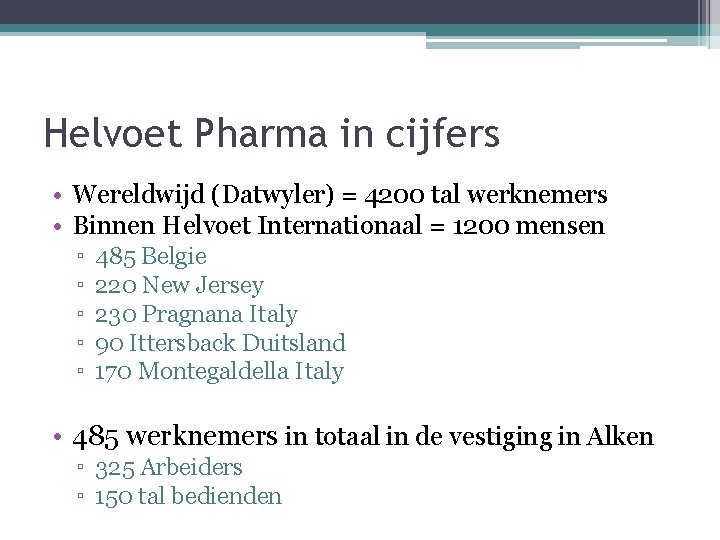 Helvoet Pharma in cijfers • Wereldwijd (Datwyler) = 4200 tal werknemers • Binnen Helvoet