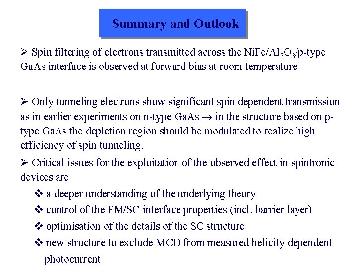 Summary and Outlook Spin filtering of electrons transmitted across the Ni. Fe/Al 2 O