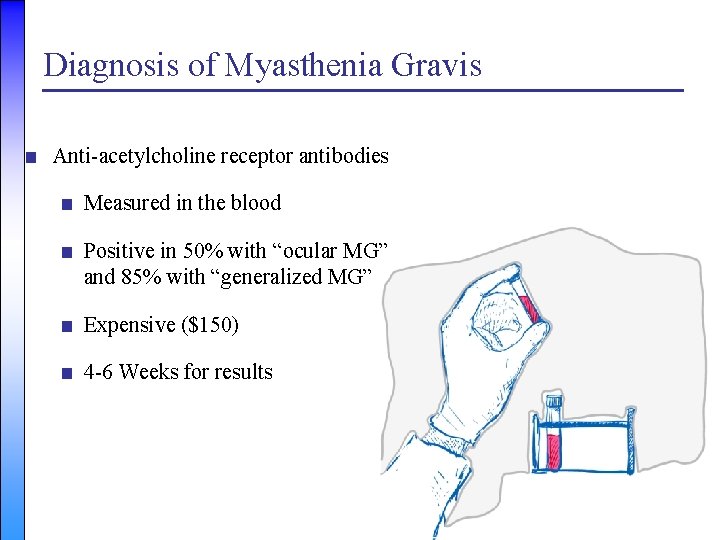 Diagnosis of Myasthenia Gravis ■ Anti-acetylcholine receptor antibodies ■ Measured in the blood ■