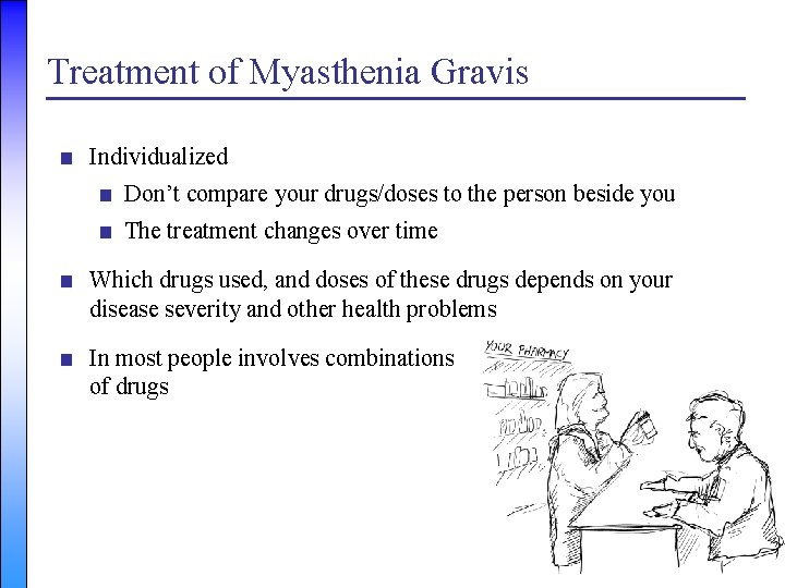 Treatment of Myasthenia Gravis ■ Individualized ■ Don’t compare your drugs/doses to the person