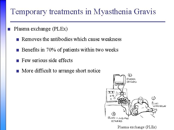 Temporary treatments in Myasthenia Gravis ■ Plasma exchange (PLEx) ■ Removes the antibodies which