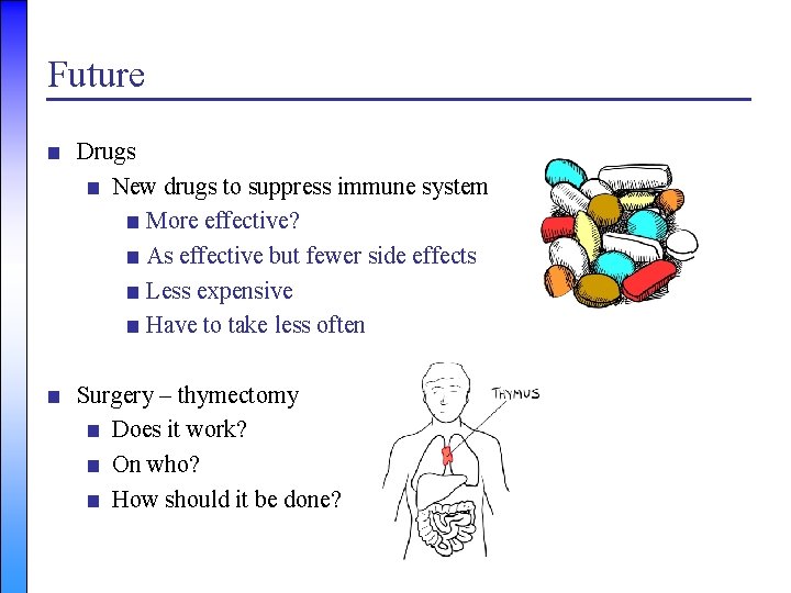 Future ■ Drugs ■ New drugs to suppress immune system ■ More effective? ■