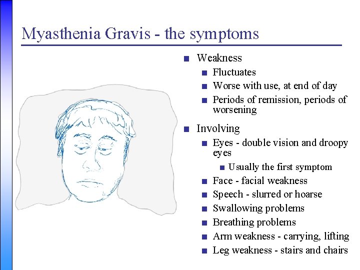 Myasthenia Gravis - the symptoms ■ Weakness ■ Fluctuates ■ Worse with use, at