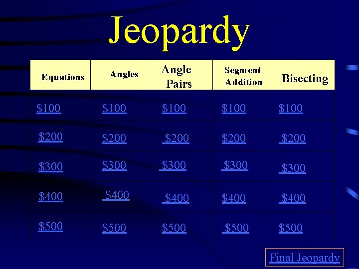 Jeopardy Equations Angle Pairs Segment Addition Bisecting $100 $100 $200 $200 $300 $300 $400