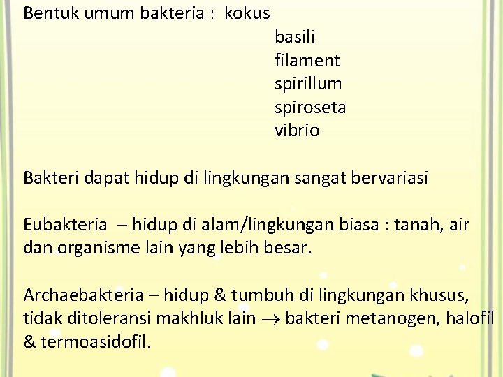 Bentuk umum bakteria : kokus basili filament spirillum spiroseta vibrio Bakteri dapat hidup di