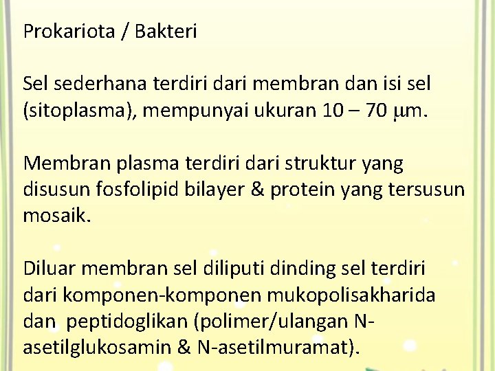 Prokariota / Bakteri Sel sederhana terdiri dari membran dan isi sel (sitoplasma), mempunyai ukuran