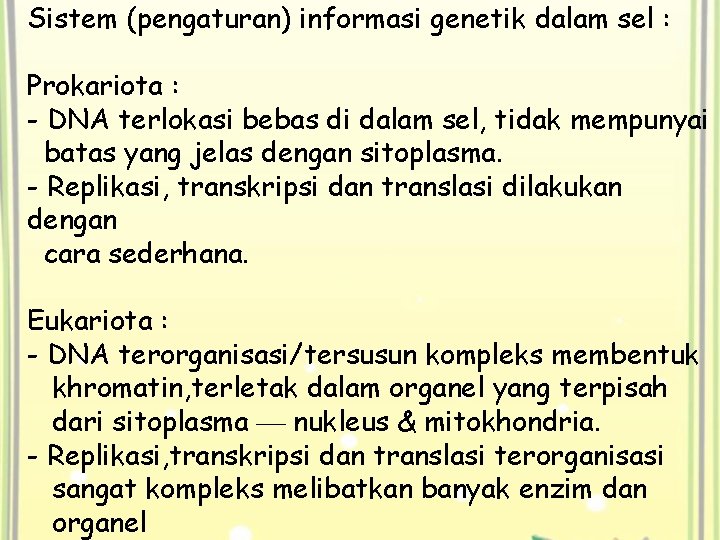 Sistem (pengaturan) informasi genetik dalam sel : Prokariota : - DNA terlokasi bebas di