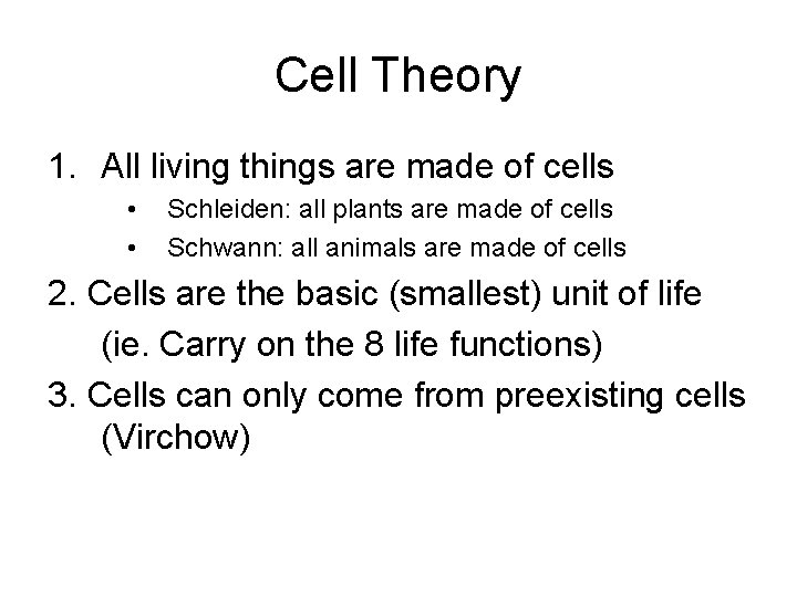 Cell Theory 1. All living things are made of cells • • Schleiden: all