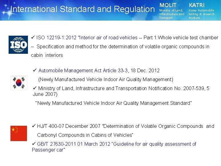 International Standard and Regulation MOLIT Ministry of Land, Infrastructure and Transport KATRI Korea Automobile